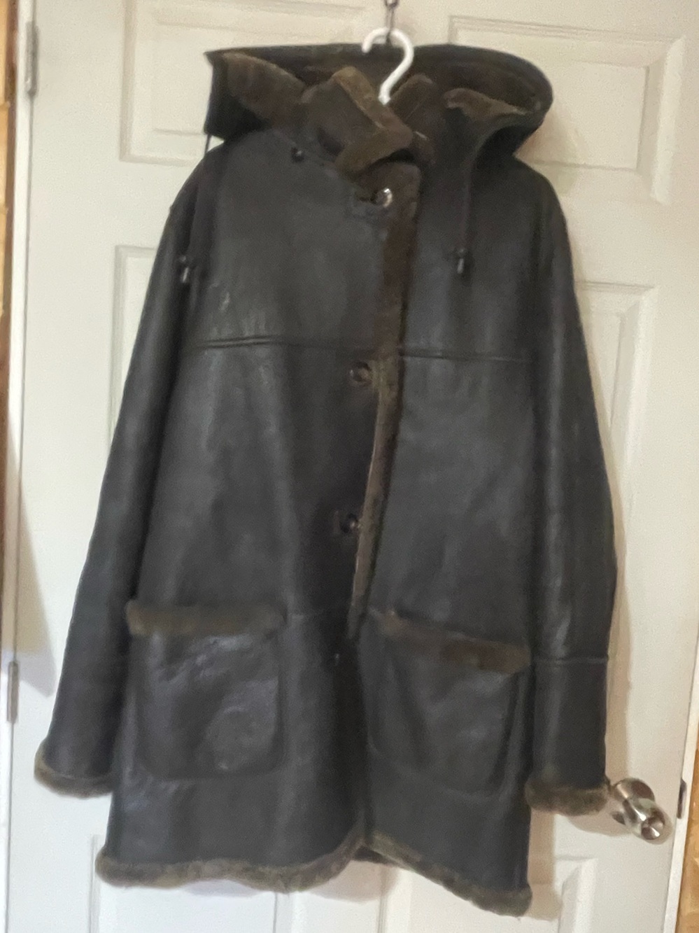 Bod & Christensen brown leather shearling lined hooded coat